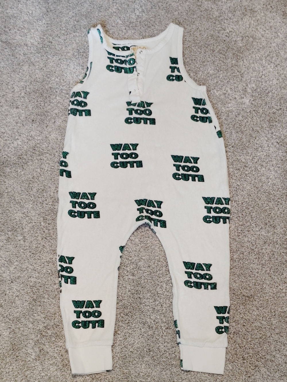 White Sleeveless Terry Romper with Green "Way Too Cute" Print